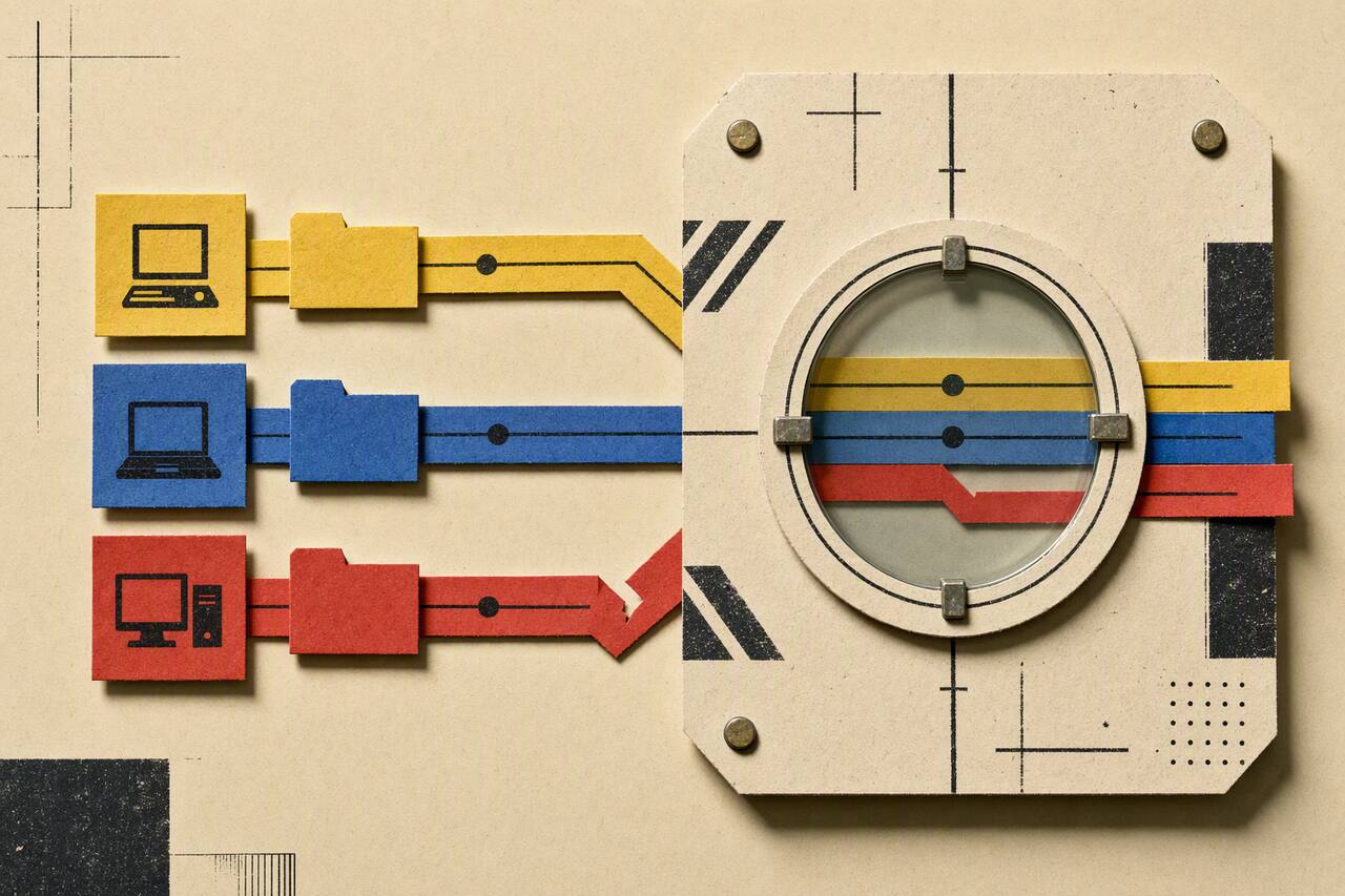Cut-paper inspection board where yellow and blue device lanes align while a red conflict lane visibly breaks before the viewing aperture